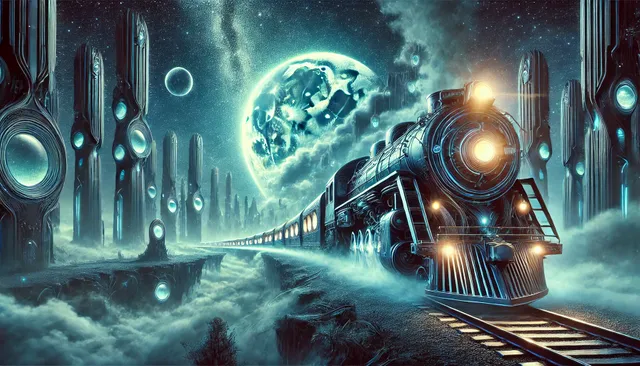 DALL·E 2024-12-13 23.20.56 - A stunning and mysterious image of a train that runs only at midnight, designed with an extraordinary and fantastical appearance. The train glows with.webp