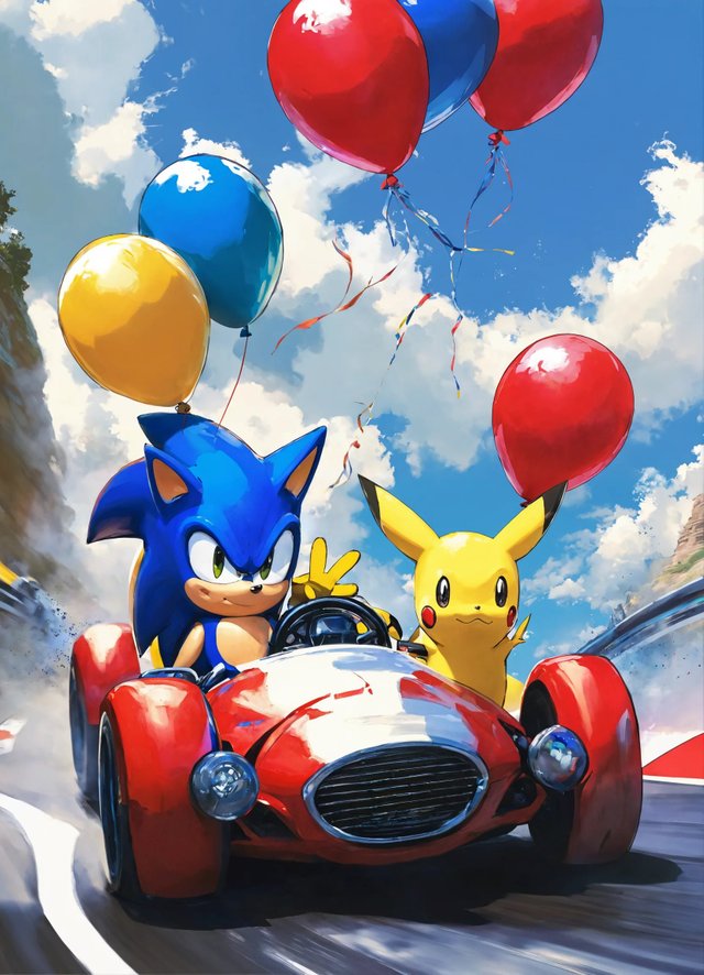 Sonic and Pikachu are holding balloons and driving.jpg