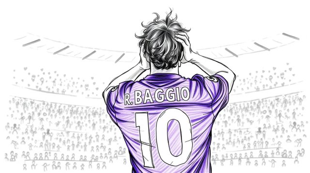 Hand-drawn sketch of a soccer player, number ten, with curly hair and a ponytail, wearing a purple jersey with R. Baggio written on it, viewed from behind in a crowded arena, his hands in.jpg