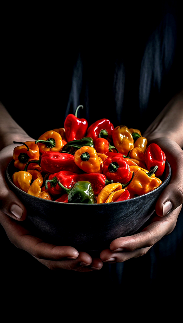 Ilaria_Holding_a_bowl_full_of_grilled_peppers_black_background__fc6c1c77-252d-4a4d-923f-50c5493f2e5d.png