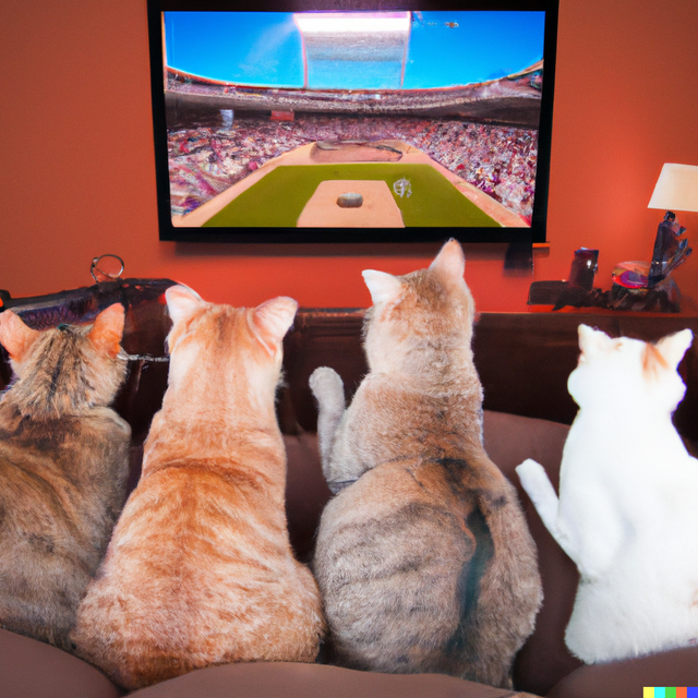 DALL·E 2022-07-19 12.58.20 - A group of real cats watching baseball on the tv.png