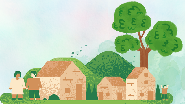 Green Illustrated Watercolor Village Landscape Nature Desktop Wallpaper.png