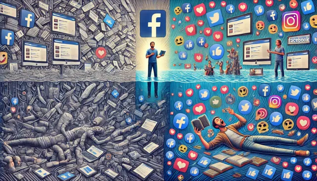 DALL·E 2025-03-09 16.24.31 - A conceptual illustration showing the consequences of excessive Facebook use. The left side portrays a person drowning in a sea of social media posts,.webp