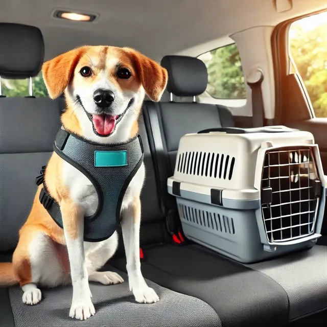 DALL·E 2025-01-11 00.18.49 - A happy dog wearing a safety harness sitting in the back seat of a modern car, with a transport carrier nearby. The dog looks comfortable and secure, .webp