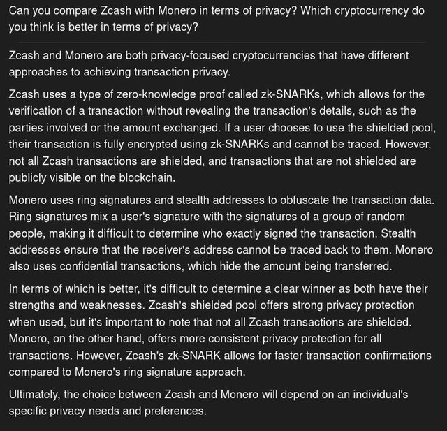 Compare Zcash with Monero in terms of privacy. Which cryptocurrency is better in terms of privacy? / AI Chat2Z