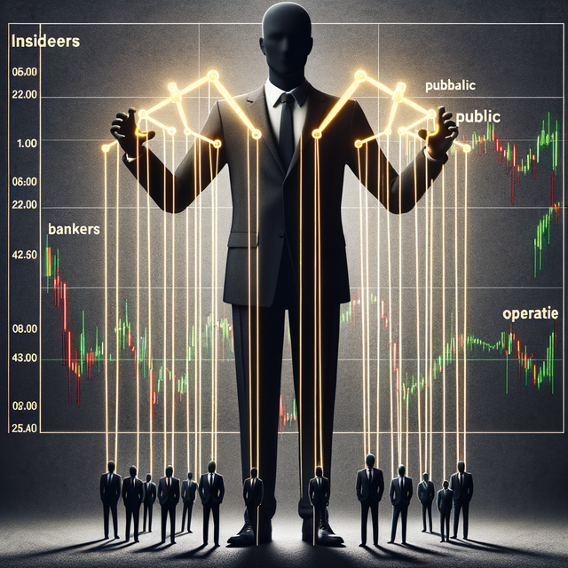 1- tall, shadowy figure in a suit, the puppet master, holding strings that control small people labeled 'Insiders,' 'Bankers,' 'Public,' and 'Operators.' The strings connect to.png