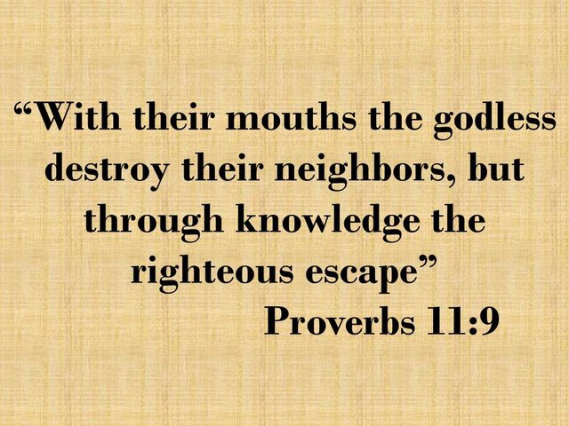 Inspirational proverb of the bible. With their mouths the godless destroy their neighbors, but through knowledge the righteous escape.jpg