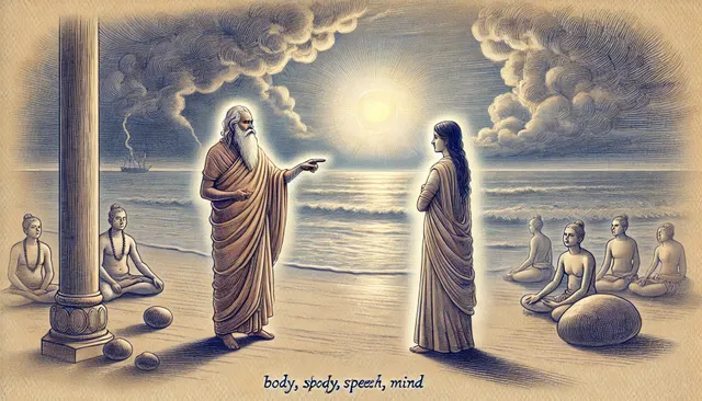 DALL·E 2024-09-24 05.19.55 - A hand-drawn scene where Wudu respectfully explains a spiritual concept to the Brahmin woman. He points toward a distant ocean, symbolizing the challe.webp