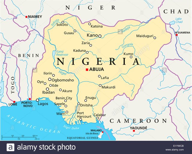 nigeria-political-map-with-capital-abuja-national-borders-most-important-E1YWCB.jpg