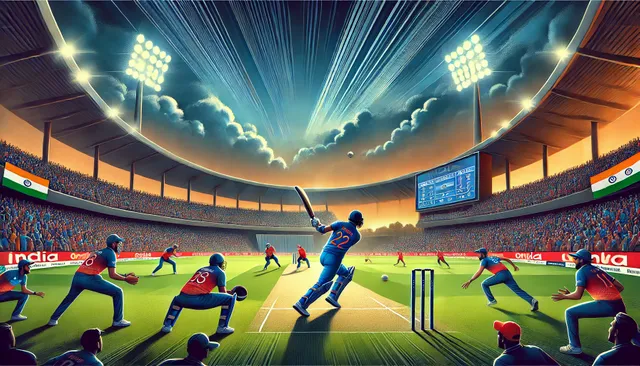 DALL·E 2025-02-13 03.58.06 - A stunning landscape-style illustration capturing the intense cricket match between India and England in the third ODI series. The scene is set in a g.webp