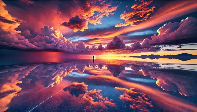 DALL·E 2025-01-05 09.59.42 - A stunning view of Salar de Uyuni in Bolivia during the rainy season, showcasing the mirror-like surface reflecting a colorful sunset with vivid hues .webp