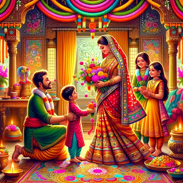 DALL·E 2024-05-10 07.02.37 - A vibrant and colorful depiction of a Hindu family celebrating Mother's Day. The scene includes a mother being honored by her children and husband. Th.webp