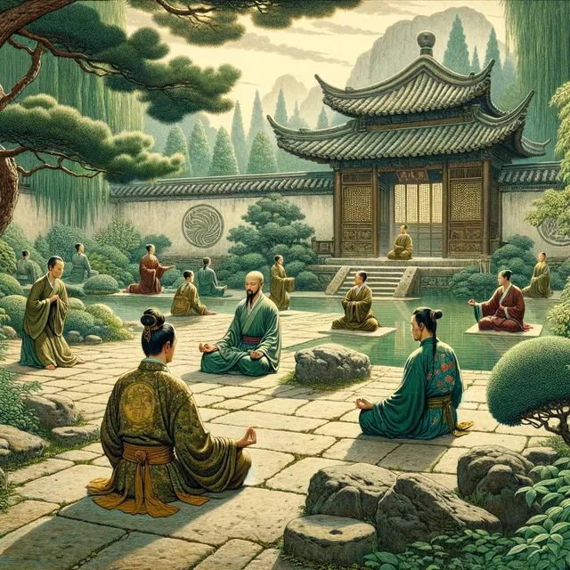 DALL·E 2024-05-01 18.32.23 - A historical scene depicting mindfulness in the past, set in a serene ancient Asian temple garden. Include individuals in traditional Eastern clothing.webp
