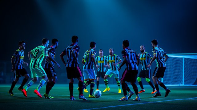 A 7-a-side soccer match between Juventus and Inter Milan teams, illuminated by glowing bioluminescent colors, natural light effects, vibrant glow, graceful and elegant, refined features.jpg