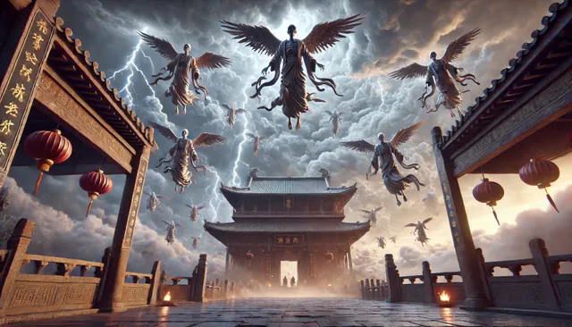 DALL·E 2024-09-02 05.56.52 - A highly detailed 3D Pixar animation style image depicting the Three Corpses Gods ascending in front of a temple on a Gengshen day night, flying towar.webp