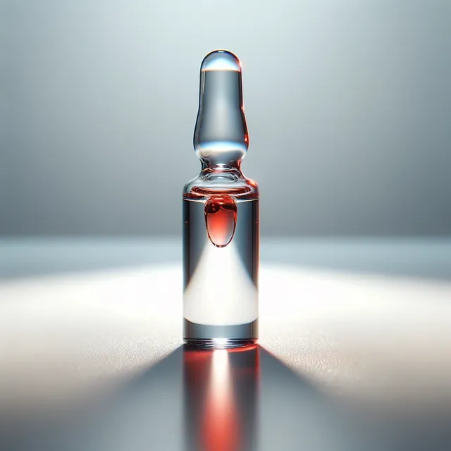 DALL·E 2024-03-09 01.37.14 - A photorealistic macro image showcasing a single medical ampoule on a white table. The ampoule contains a clear liquid, within which a red liquid is s.webp