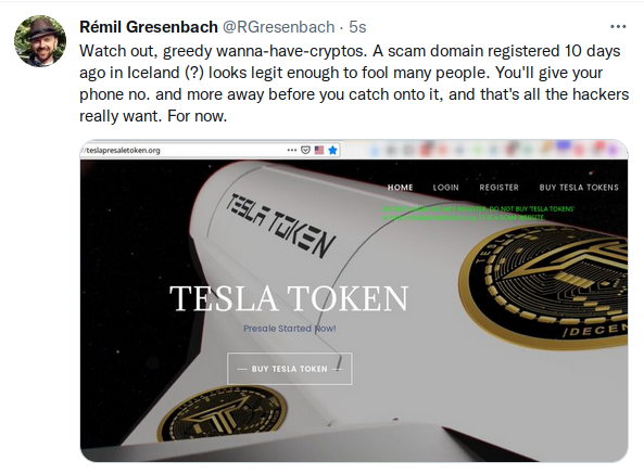 6 Tesla Presale Token website Twitter alert - Remil Gresenbach.png