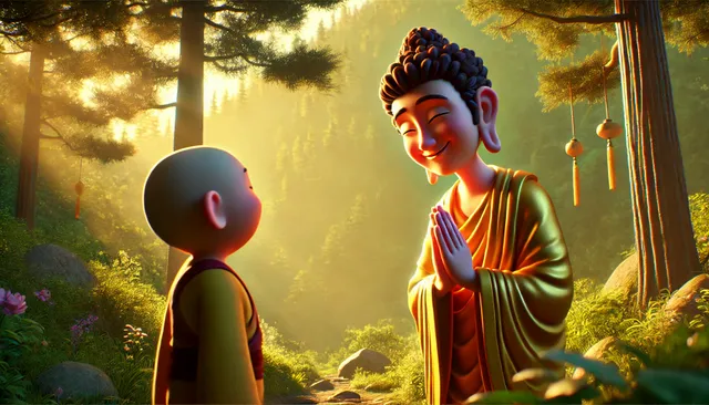 DALL·E 2024-09-14 07.21.35 - A 3D Pixar-style image set in a serene mountain forest. Buddha is smiling warmly, nodding approvingly at the third disciple who has just realized the .webp