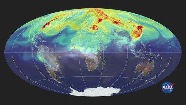 Niveles de CO2 en la atmósfera en amarillo y rojo , niveles más elevados(FUENTE NASA).jpg