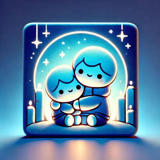 DALL·E 2025-01-29 14.48.36 - A cute, heartwarming illustration of two characters hugging, glowing with warmth and happiness. The entire image has a blue color theme, with soft lig.webp