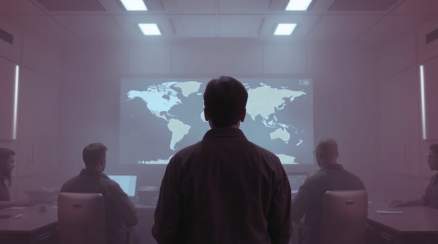 Surreal infrared tones and a thick foggy setting depict a 20-year-old man arguing with soldiers in a command room before a large screen showing a world map. Low visibility, thick fog, an .jpg