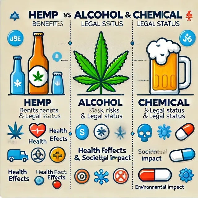 DALL·E 2024-06-18 05.06.51 - A comparison infographic showing Hemp, Alcohol, and Chemical Substances. The infographic should illustrate the differences in benefits, risks, and leg.webp