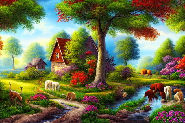 create-landscape-painting-art-with-cottage-house---trees--paradise-like-landscape--different-anim-174923259.png