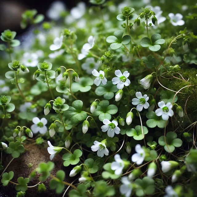 DALL·E 2024-10-16 18.47.30 - A close-up of a Bacopa monnieri (also known as Brahmi), a creeping herb with small oval-shaped green leaves and delicate white or pale purple flowers.webp