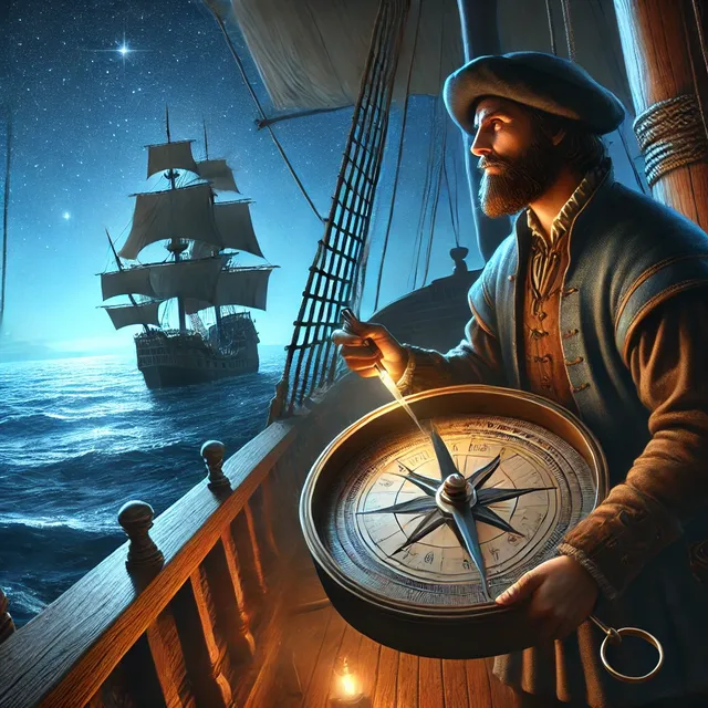 DALL·E 2024-09-16 22.02.39 - A medieval European ship navigator using a compass during the Age of Exploration. The navigator stands on the deck of a wooden ship under the night sk.webp