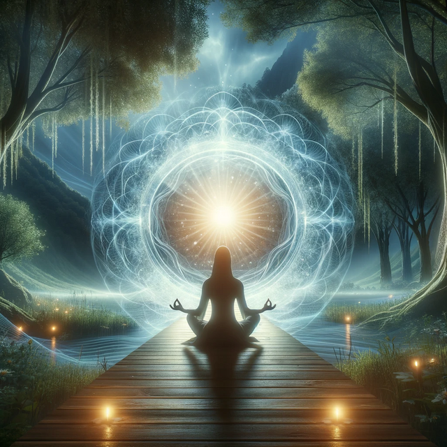 DALL·E 2024-01-17 12.32.04 - An image representing the concept of meditation as a path to inner peace and mental clarity. The scene should depict a serene and peaceful environment.png