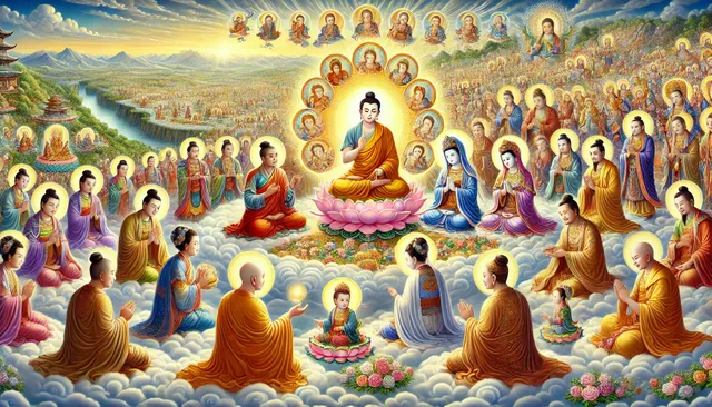 DALL·E 2024-09-24 05.22.02 - A hand-drawn scene depicting Shakyamuni Buddha teaching his mother in the Trayastrimsa Heaven, surrounded by countless Buddhas and Bodhisattvas from a.webp