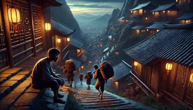 DALL·E 2024-09-09 07.08.51 - A highly detailed 3D image in Pixar animation style, set in ancient China. The scene shifts to a poor village at the foot of the mountain at night. Th.webp