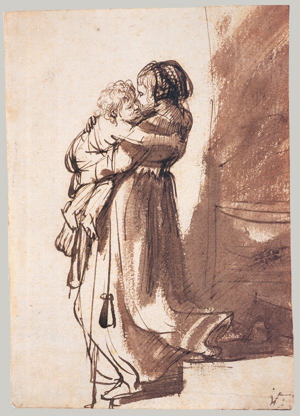 1625-36c A Woman and Child Descending a Staircase sketch 18.7 x 13.2 cm Pierpoint Morgan Library, New York.jpg