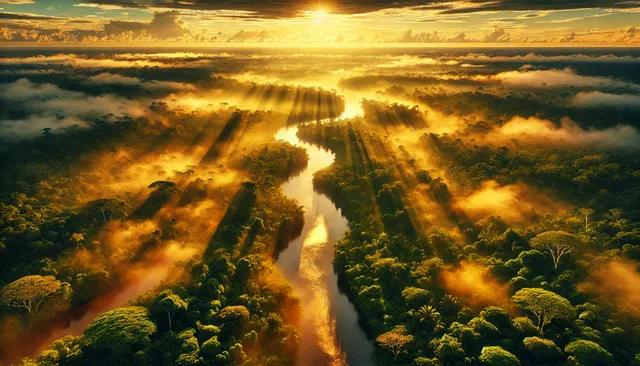 DALL·E 2025-01-06 09.49.53 - A breathtaking aerial view of the Amazon Rainforest at sunrise, featuring a dense canopy of vibrant green trees, winding rivers reflecting the golden .webp