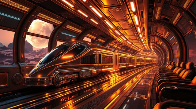 A futuristic train on a journey to Mars, glowing with a warm golden radiance. The scene is radiant and luxurious, emphasizing opulent details.jpg