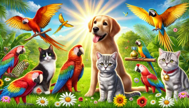 DALL·E 2024-11-21 23.54.29 - A vibrant and engaging image showing a variety of animals, including a dog, cat, parrot, and exotic bird, interacting harmoniously in a natural and co.webp