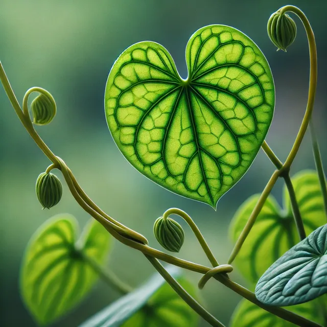 DALL·E 2024-10-12 11.15.00 - A detailed close-up of the Heart-leaved Moonseed (Tinospora cordifolia) plant, featuring its distinctive heart-shaped, vibrant green leaves with visib.webp