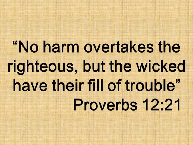 Bible wisdom to remember. No harm overtakes the righteous, but the wicked have their fill of trouble. Proverbs 12,21.jpg