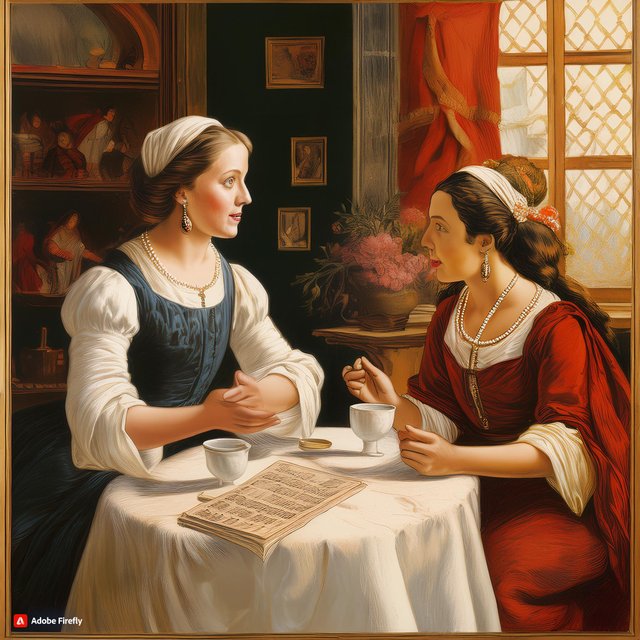 Firefly Haciendo las cuentas (1657). Painting of housewives chatting with each other 45423.jpg