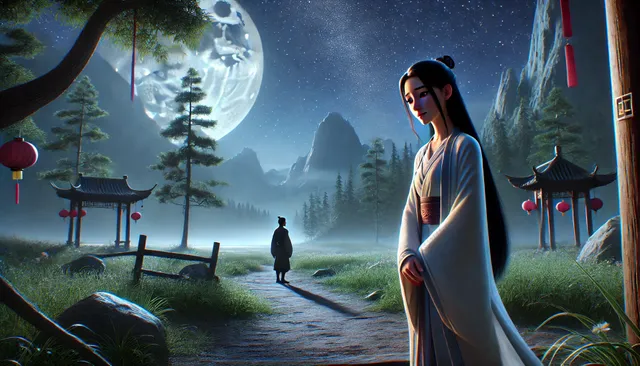 DALL·E 2024-09-09 07.08.47 - A highly detailed 3D image in Pixar animation style, set in ancient China. The scene takes place at night in the clearing where Chen Jingyuan stands. .webp