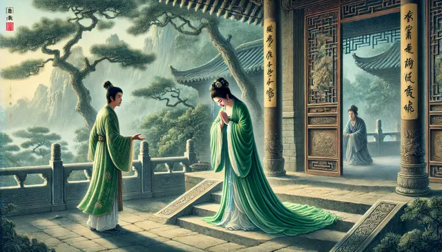 DALL·E 2024-09-26 04.29.05 - A traditional Chinese painting in Qing green landscape and gongbi style, depicting a distraught woman standing at the entrance of the ancient temple, .webp