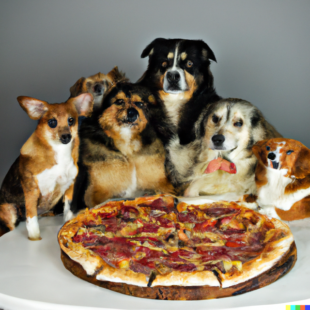 DALL·E 2022-07-19 18.06.07 - A group of dogs sitting around a table with a big pizza on top.png