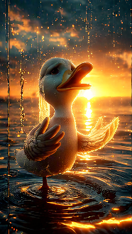 In the golden light of a setting sun, a little duck rises from the shimmering water, tears streaming....png