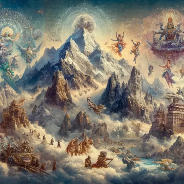 DALL·E 2024-04-12 15.25.22 - An artistic representation of the historical and mythological significance of the Himalayas, featuring epic scenes from Hindu and Tibetan legends. Vis.webp