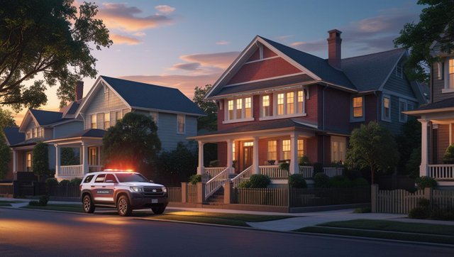 A photorealistic image, cinematic in style, of a quiet residential neighborhood at dusk.  The scene is softly illuminated by streetlights casting a warm, amber glow.  Houses are depicted in a mix of Craftsman, red .jpg