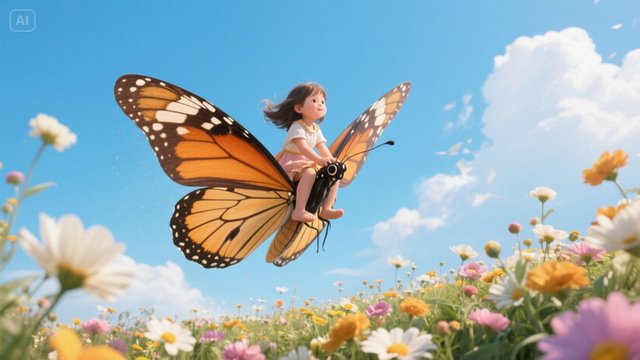 jimeng-2025-04-29-684-ফুলের বাগানে একটি ছোট্ট মেয়ে বিশাল এক প্রজাপতির পিঠে বসে আকাশে উড়ছে।.jpeg