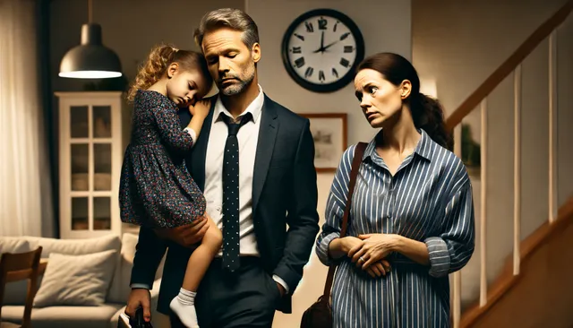 DALL·E 2024-06-17 21.55.24 - A busy executive father in his 50s, dressed in a suit, looks tired as he enters his home. His mid-40s wife, also tired, is holding their two young dau.webp