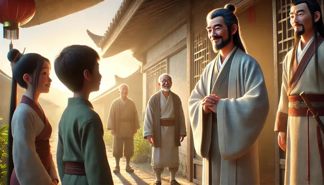 DALL·E 2024-09-06 13.03.50 - A highly detailed 3D image in Pixar animation style. The scene shows a peaceful morning in ancient China. Li Zixuan, a man with a serene expression, s.webp