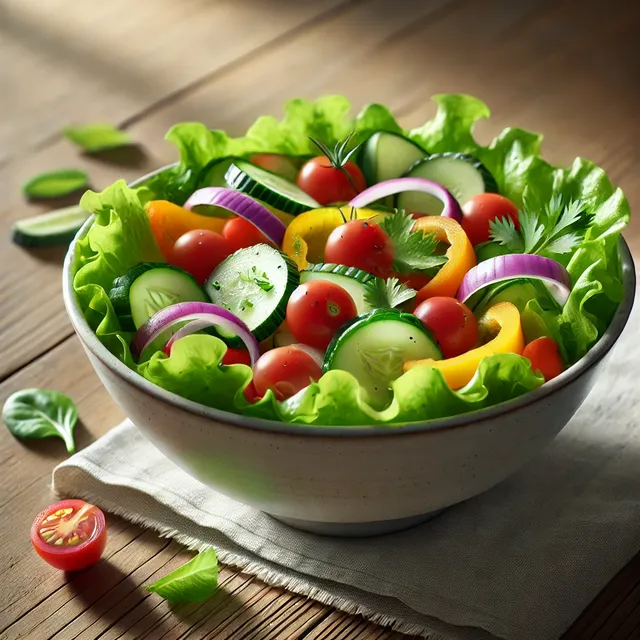 DALL·E 2024-09-16 12.07.10 - A realistic image of a bowl of fresh vegetable salad. The salad includes vibrant ingredients like lettuce, cherry tomatoes, cucumber slices, bell pepp.webp