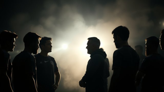 High contrast, low-key lighting and an ethereal spiritual vibe envelop a soccer team president speaking with players. A light aura and deep shadows create a dramatic mystical effect. .jpg